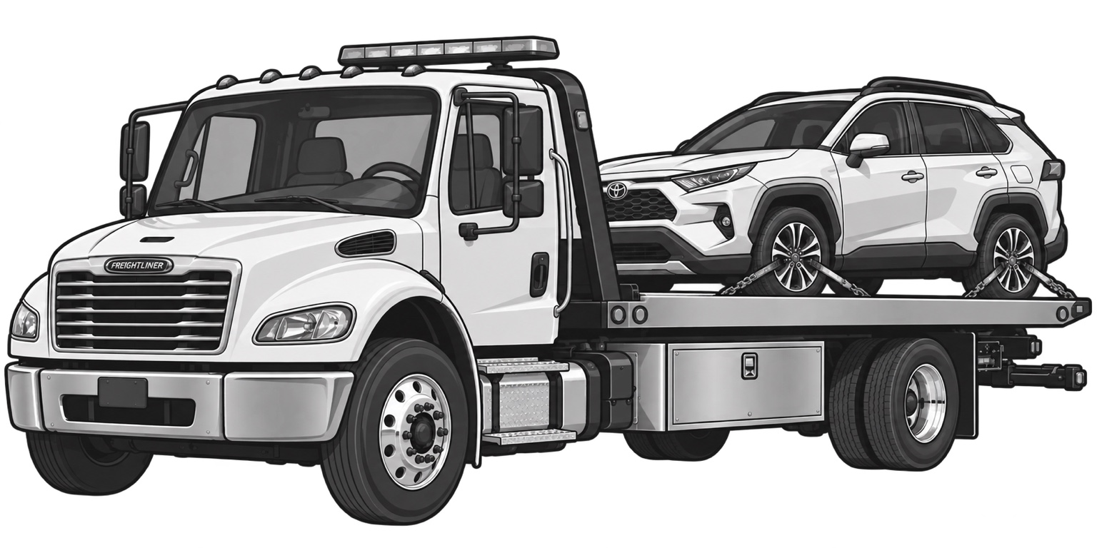 Illustration of a flatbed tow truck transporting a vehicle